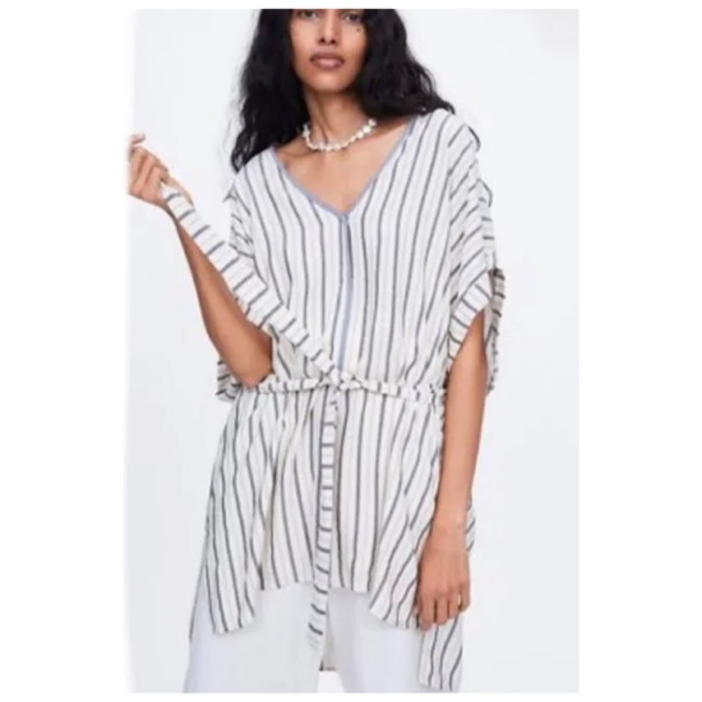 Zara Linen Blend V-neck Striped tie waist Tunic Top